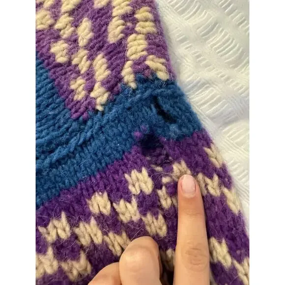 Vintage Blue Boat Print Sweater Knit Wool Purple Winter Holiday Stripe 90s *Read - Picture 3 of 11